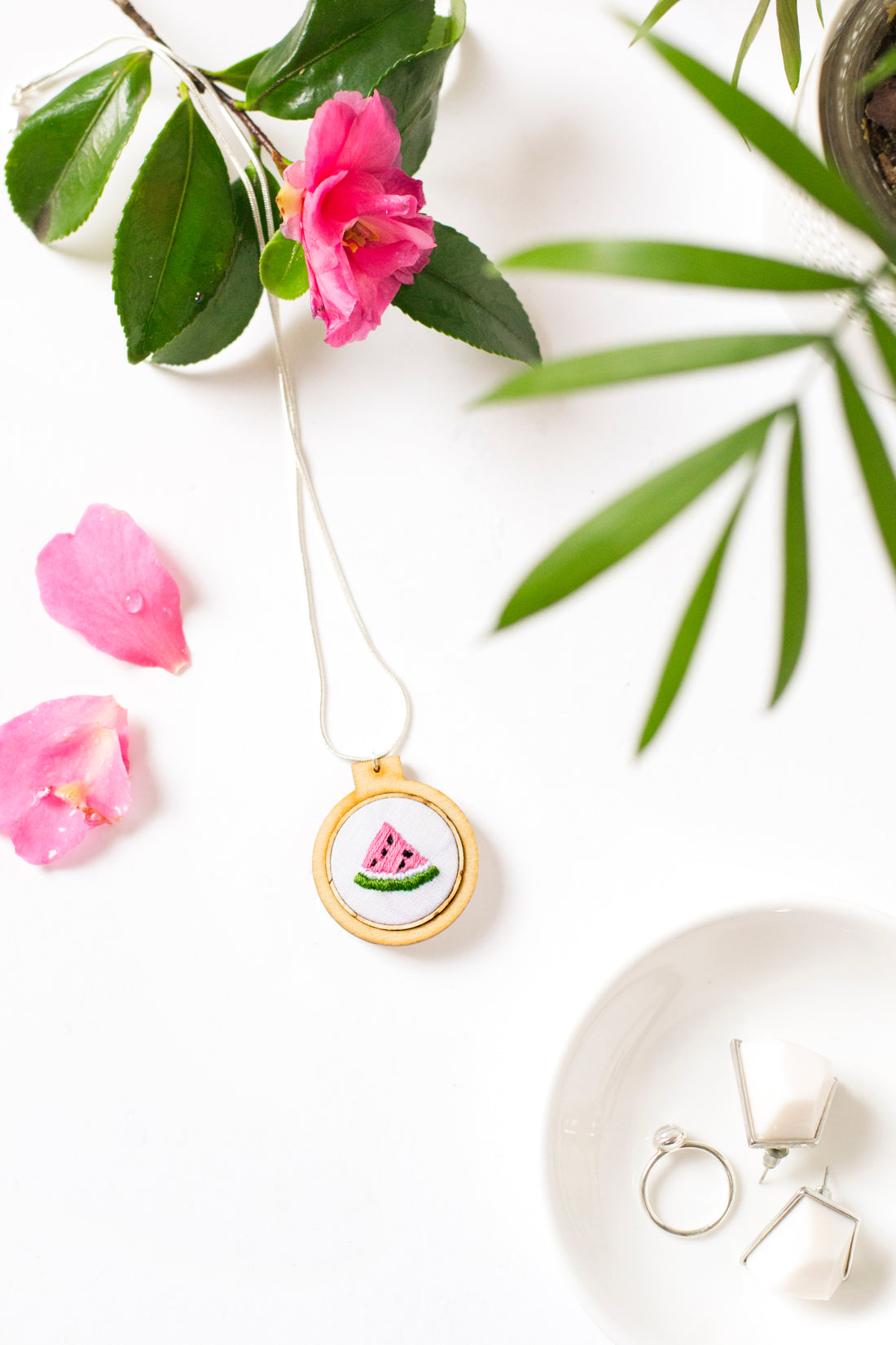 Embroidered watermelon necklace for We Make Collective