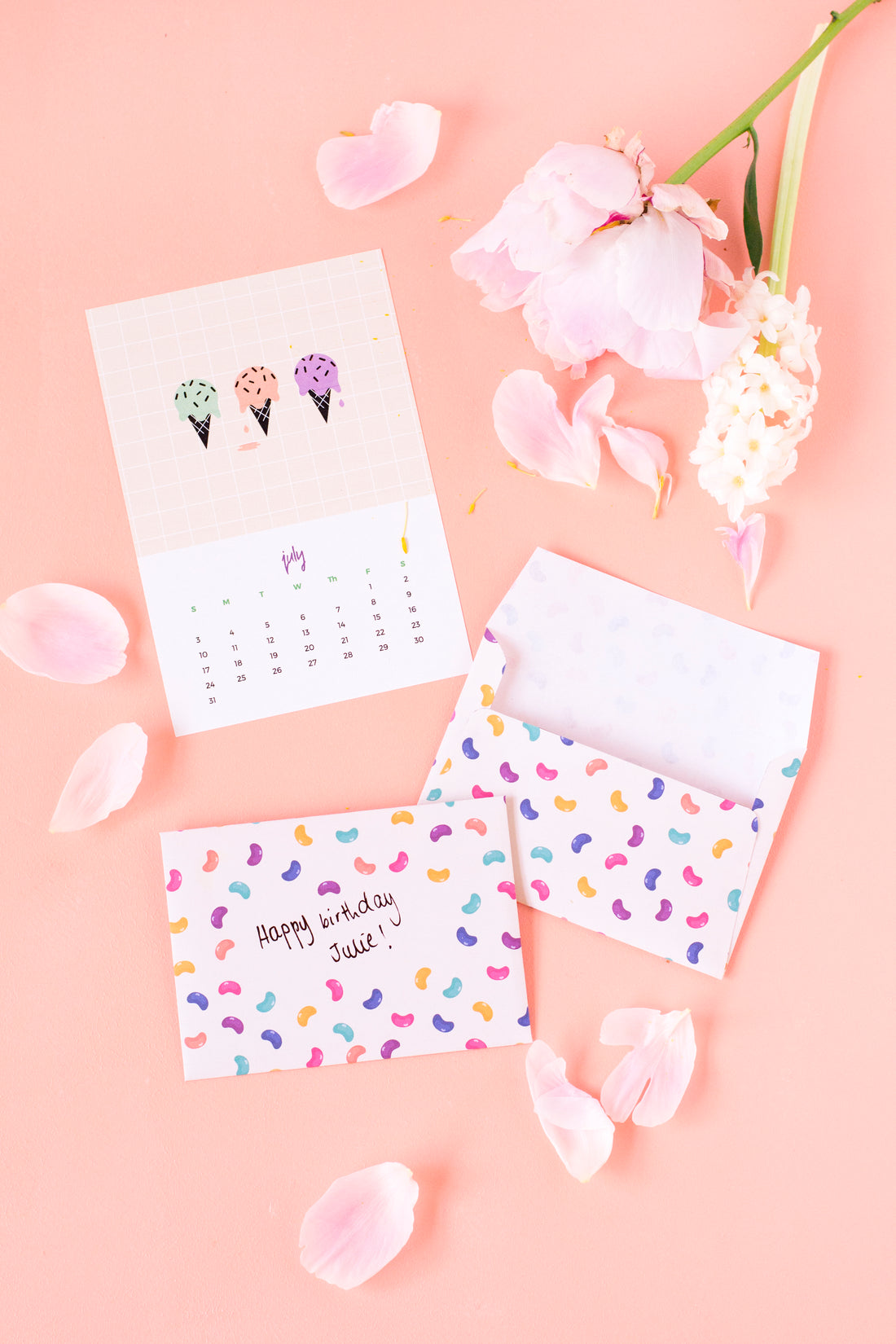 July's printable calendar and jellybean envelopes